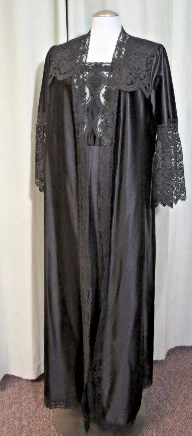 Vtg Jenelle Of California 2 Pc Sexy Black Peignoir Nightgown & Robe Small