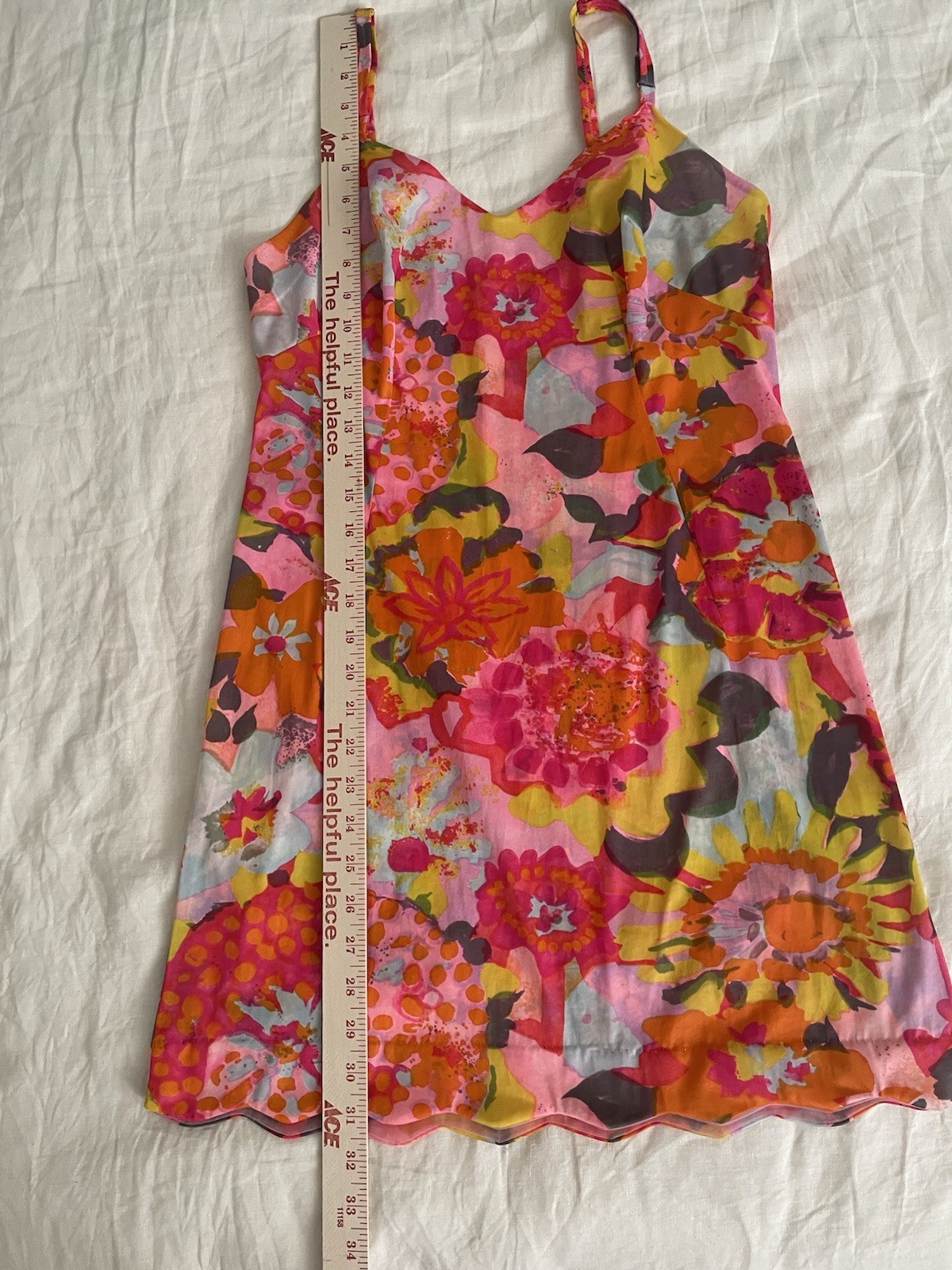 Vintage 60’s Psychedelic Slip Hot Fluorescent Pink Orange Mini Dress Floral Sz M