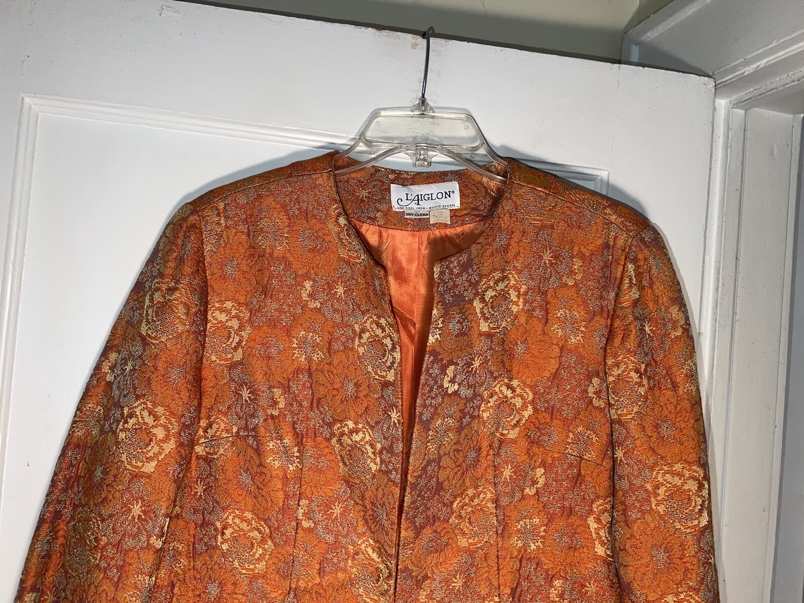 Vintage L’Aiglon 1950’s Orange Floral Rayon Brocade Dress Jacket Size M. d240