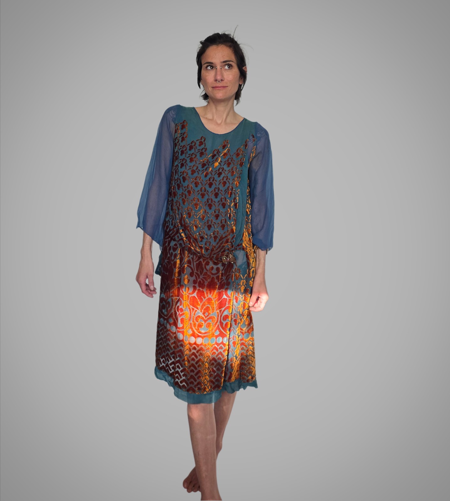 Authentic 1920s Silk Chiffon Burnout Velvet Dress | Art Deco Blue & Copper…