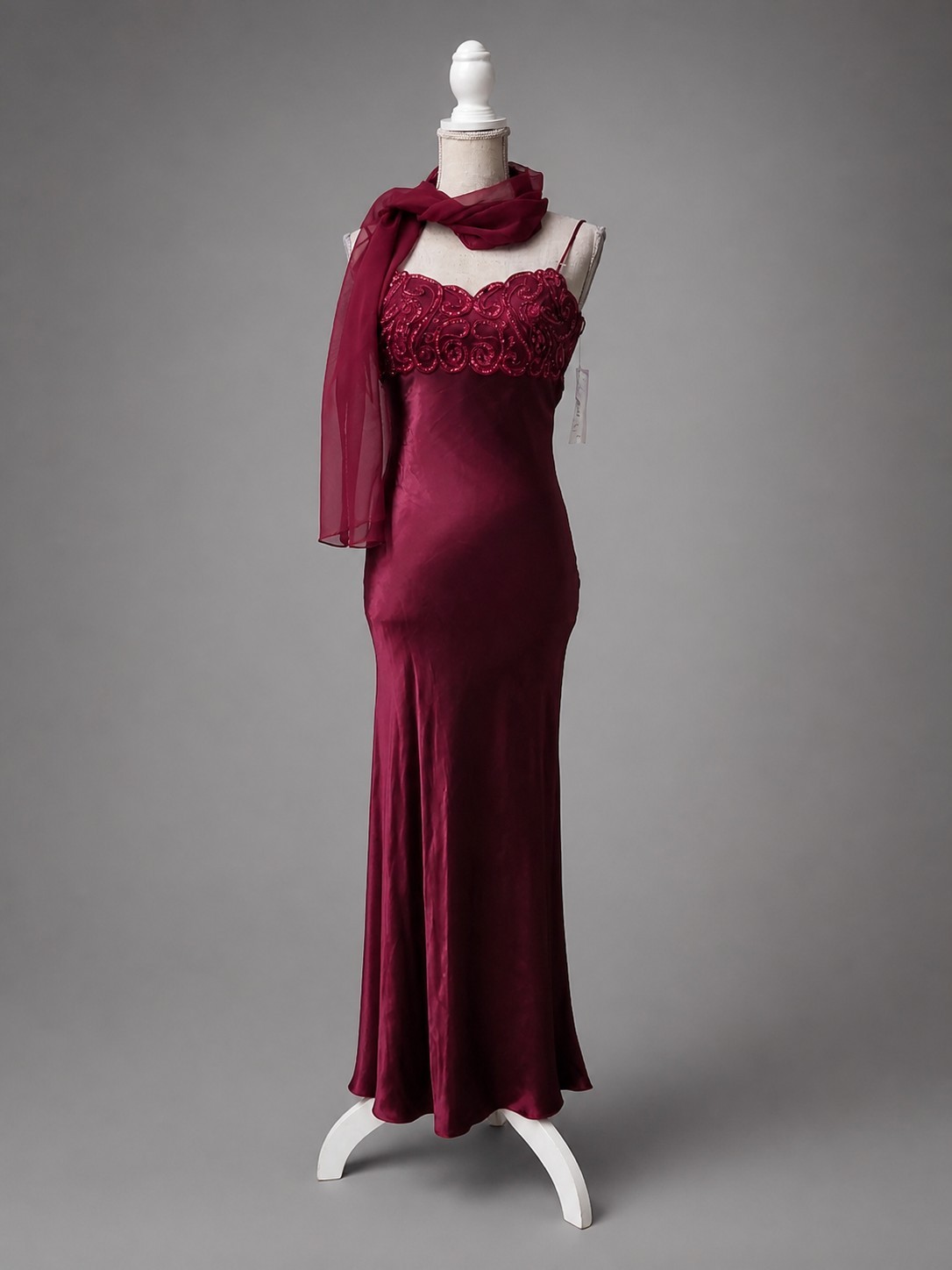 VTG Y2K Burgundy Satin Glitter Maxi Dress NWT Slip Formal Gown +Scarf