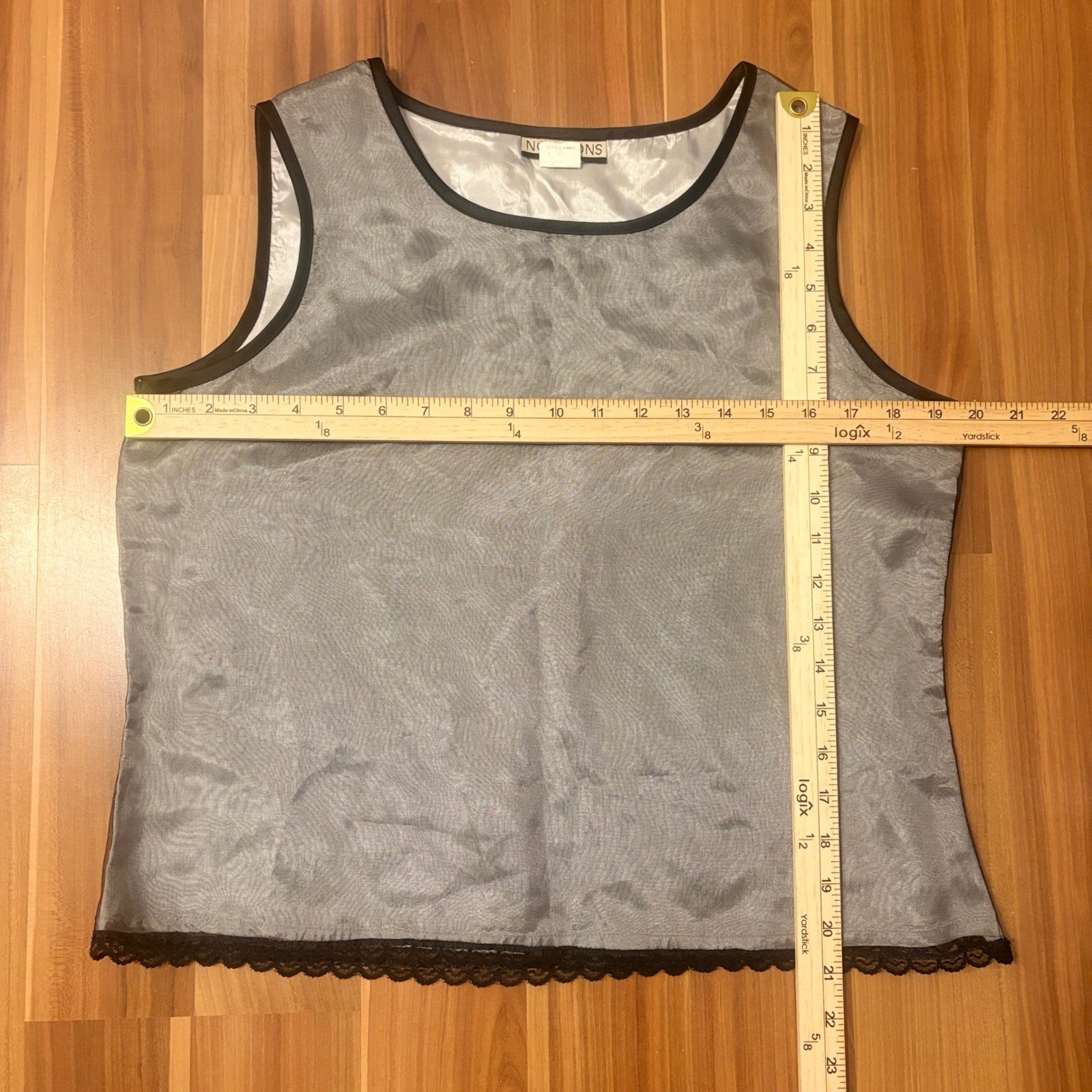 Goth Grunge Notations Vintage Silver Gray Mesh Tank Top W Black Lace Trim Size M