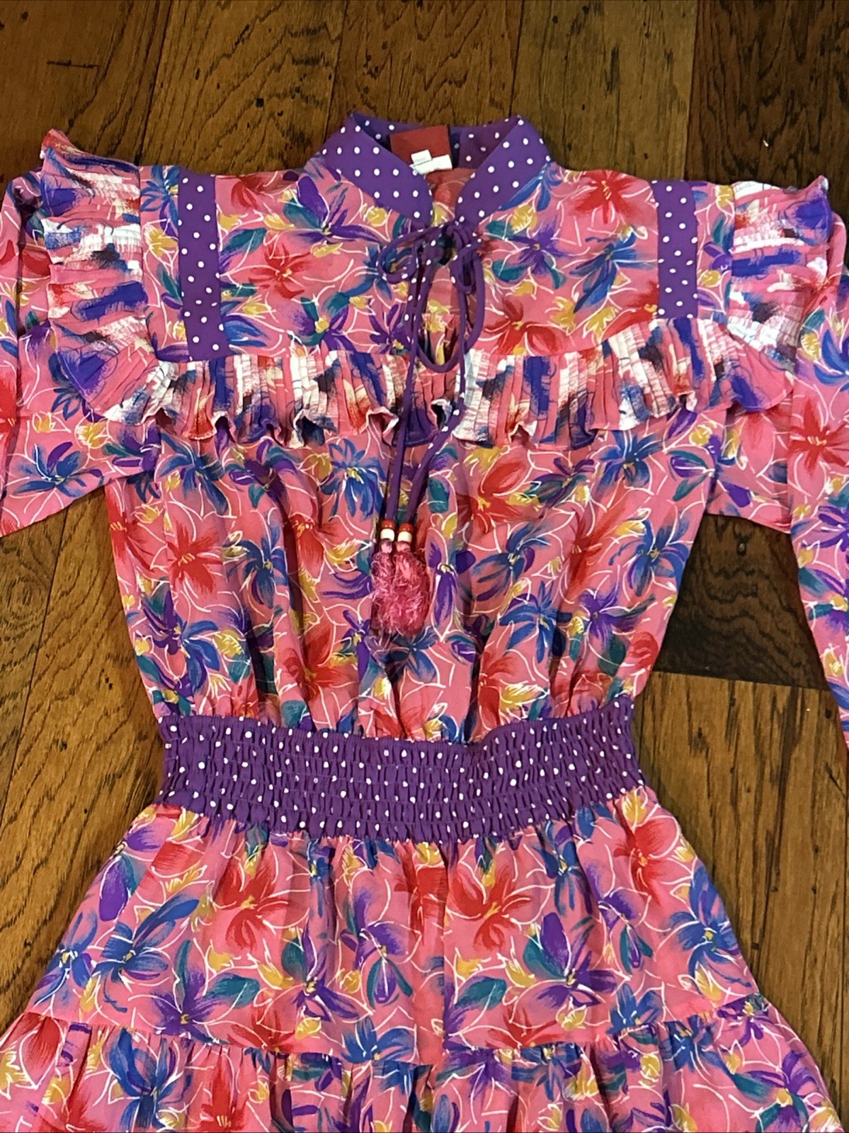 Vintage Lachine Hong Kong Pleated Ruffle Pink Purple Long Sleeve Dress P Small