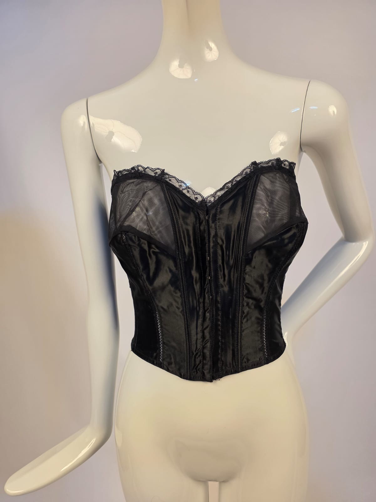 OLD STOCK VINTAGE 1950’S BLACK SATIN BUSTIER BRA W SHEER BUST CUPS SIZE 36