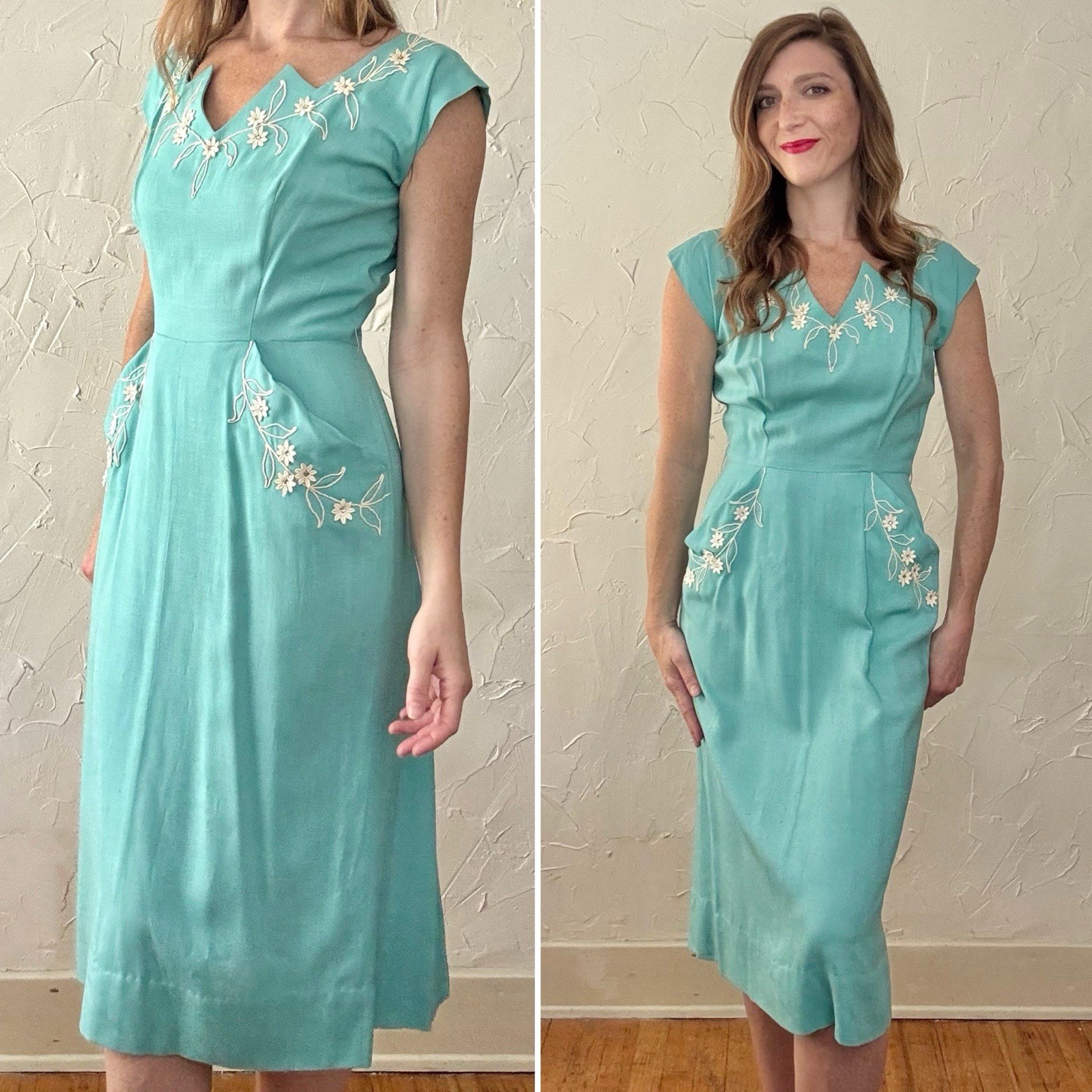 VTG 1950s Lilli Diamond Aqua Blue Jagged Neckline Atomic Floral Embroidery Linen