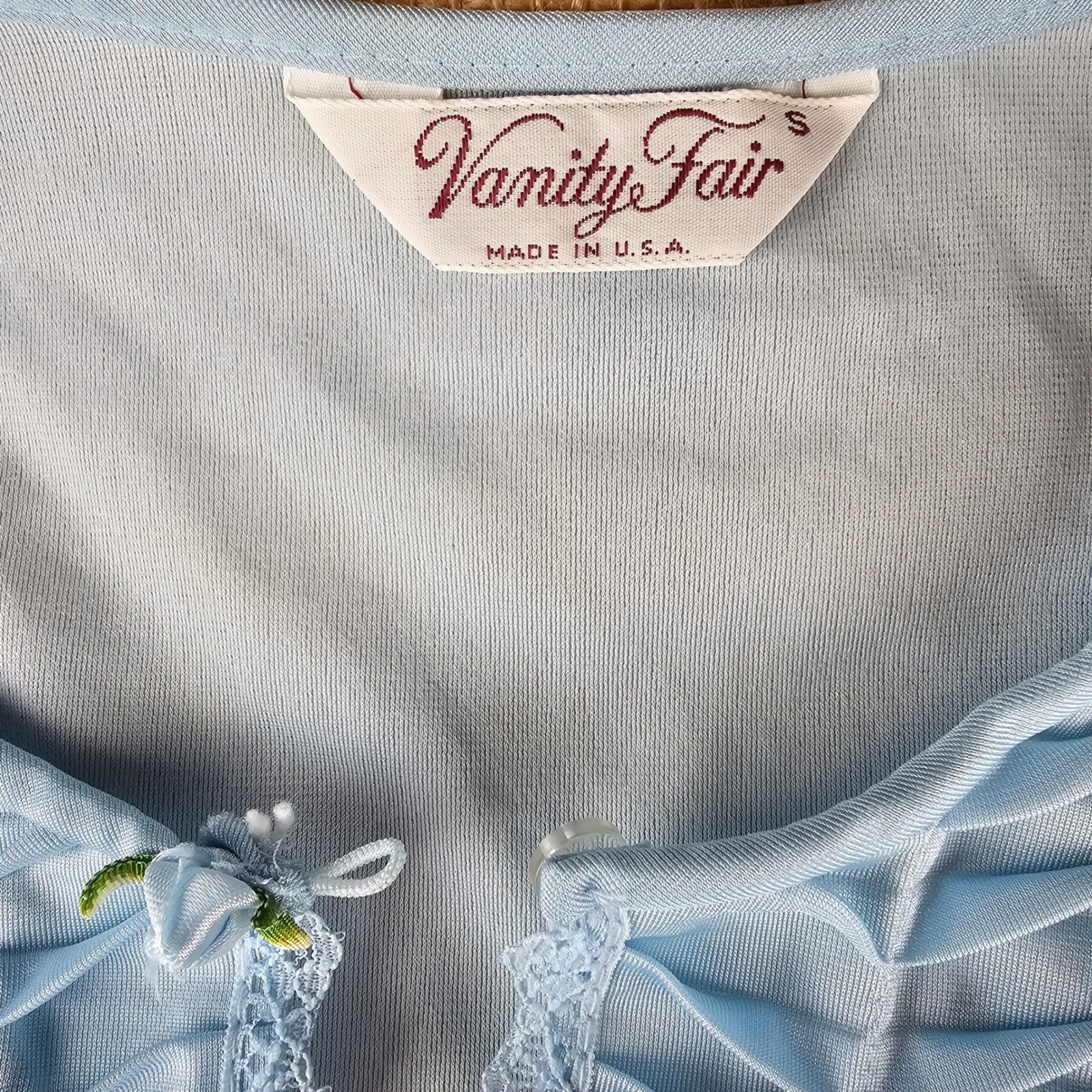 Vintage Vanity Fair Blue Nylon Lace Trim Long Sleeve Nightgown Sleepwear Small