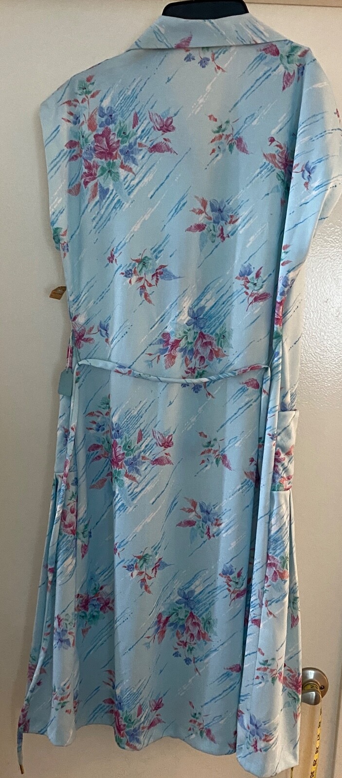 VTG 70s House Dress Women Floral Vneck Collar Button Tie Waist Blue Pink Floral