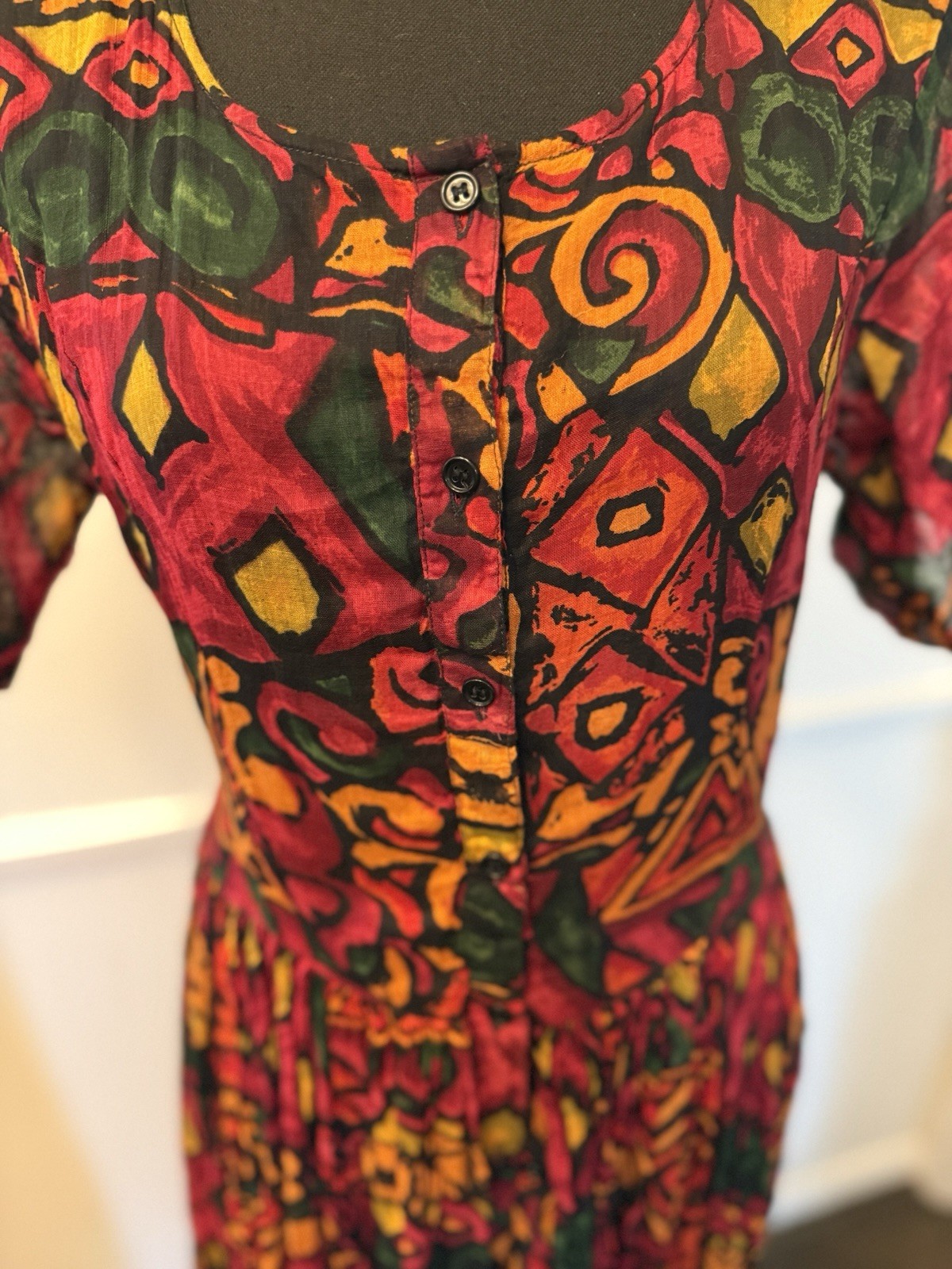 VTG 90s Baani’s LA Co Gauze Cotton Maxi Dress Womens S Abstract Art To Wear Boho