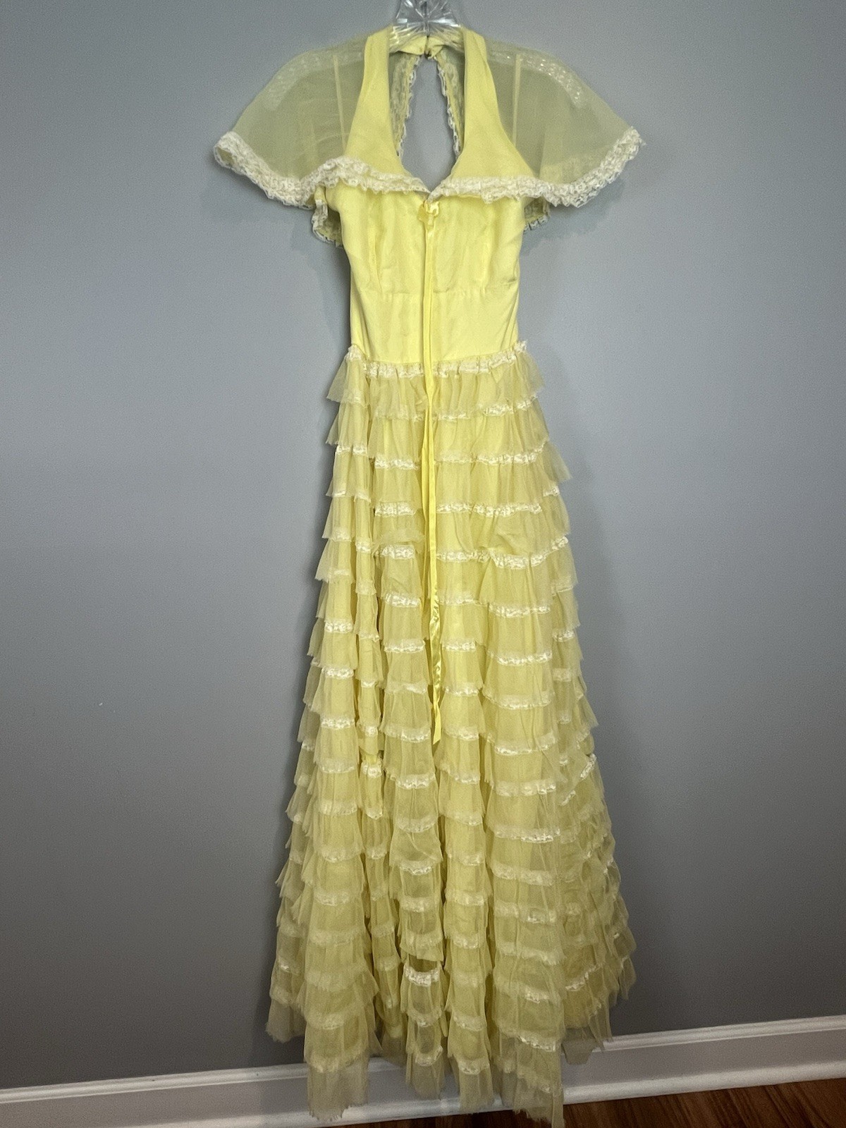 Vtg Nadine Cupcake Gown 1960s Prom Butter Yellow Ruffled Tiered Dress Lace XS/S