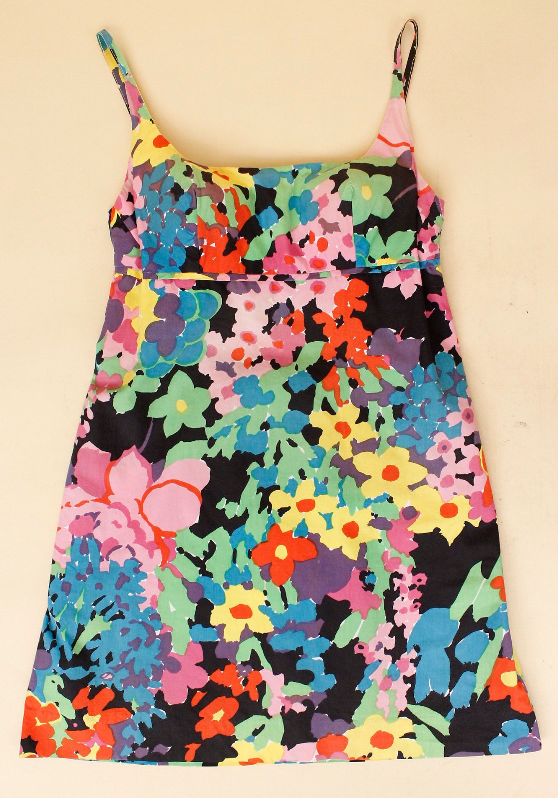 60s 70s Vtg Rainbow Floral Micro Mini Dress Open Back Psychedelic Mod B32-34″ S