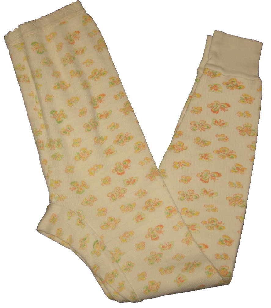 Vintage 70s Yellow Butterfly Print Waffle Knit High-Rise Long Johns Bottoms S/M