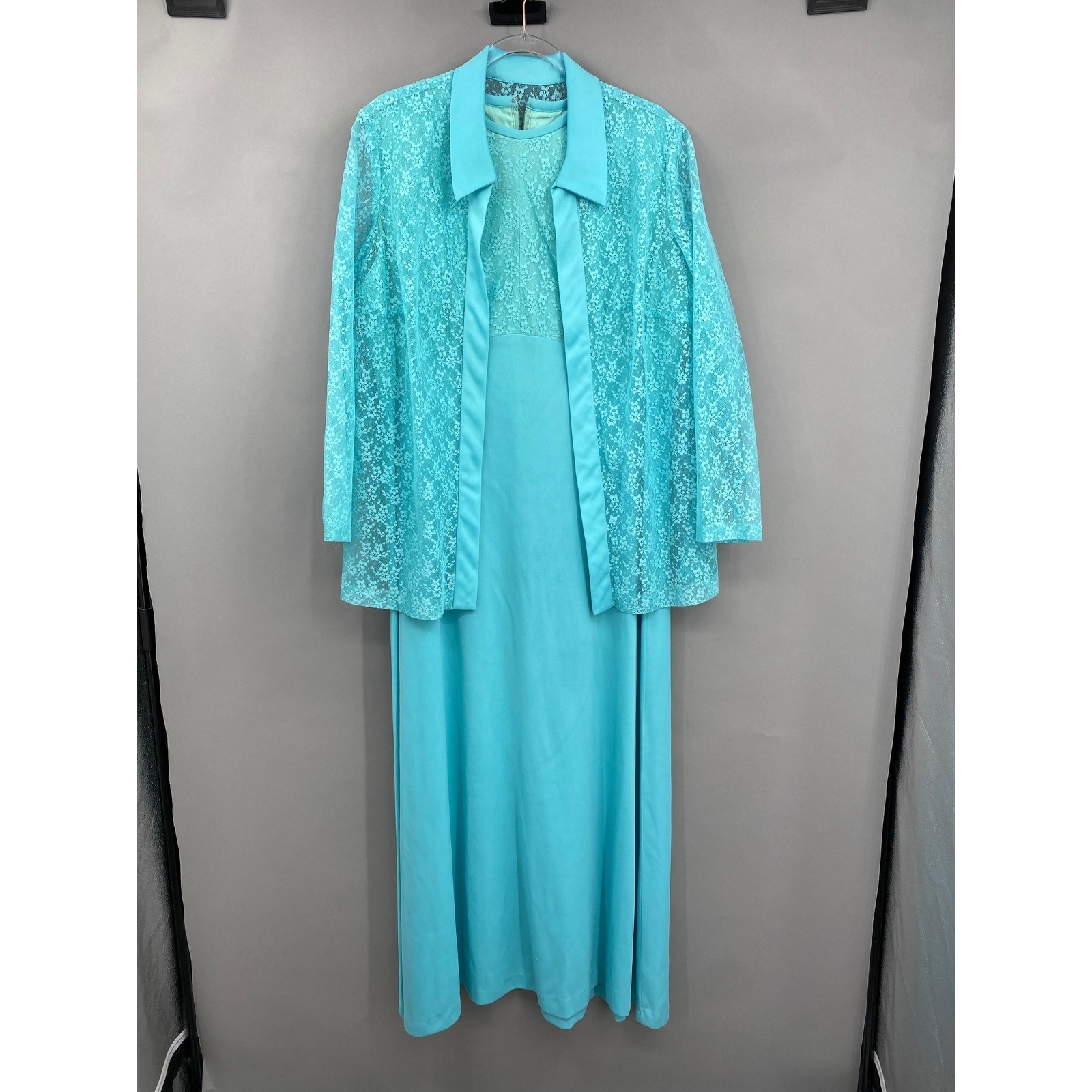 Vintage 60s Lace Maxi Dress Jacket Set Women XL 1X Turquoise Blue Formal Pastel