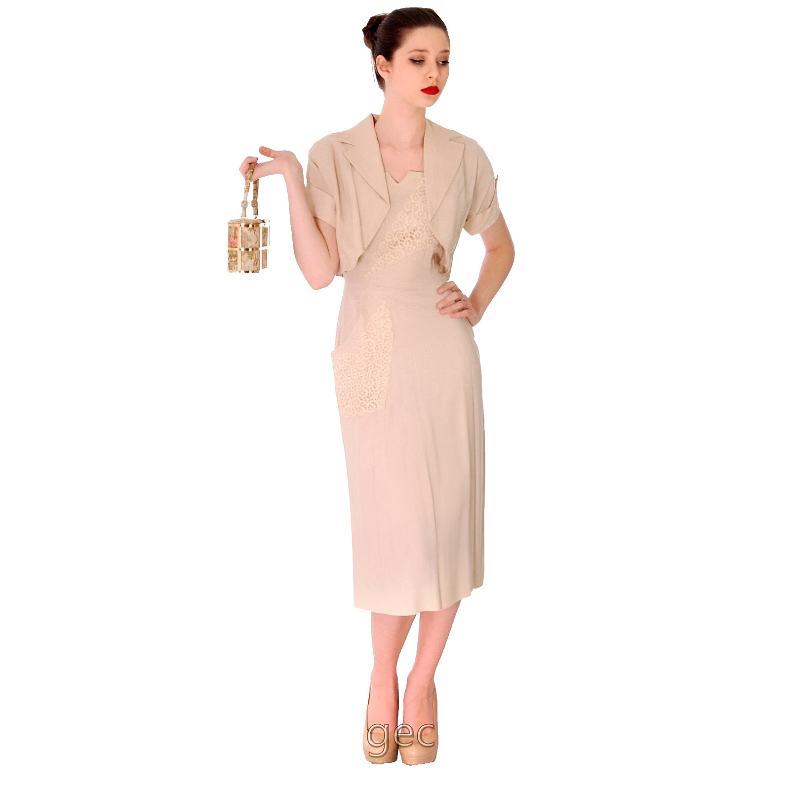 VTG 1950s Beige Rayon Day Dress & Bolero Jacket Set Mad Men Pinup