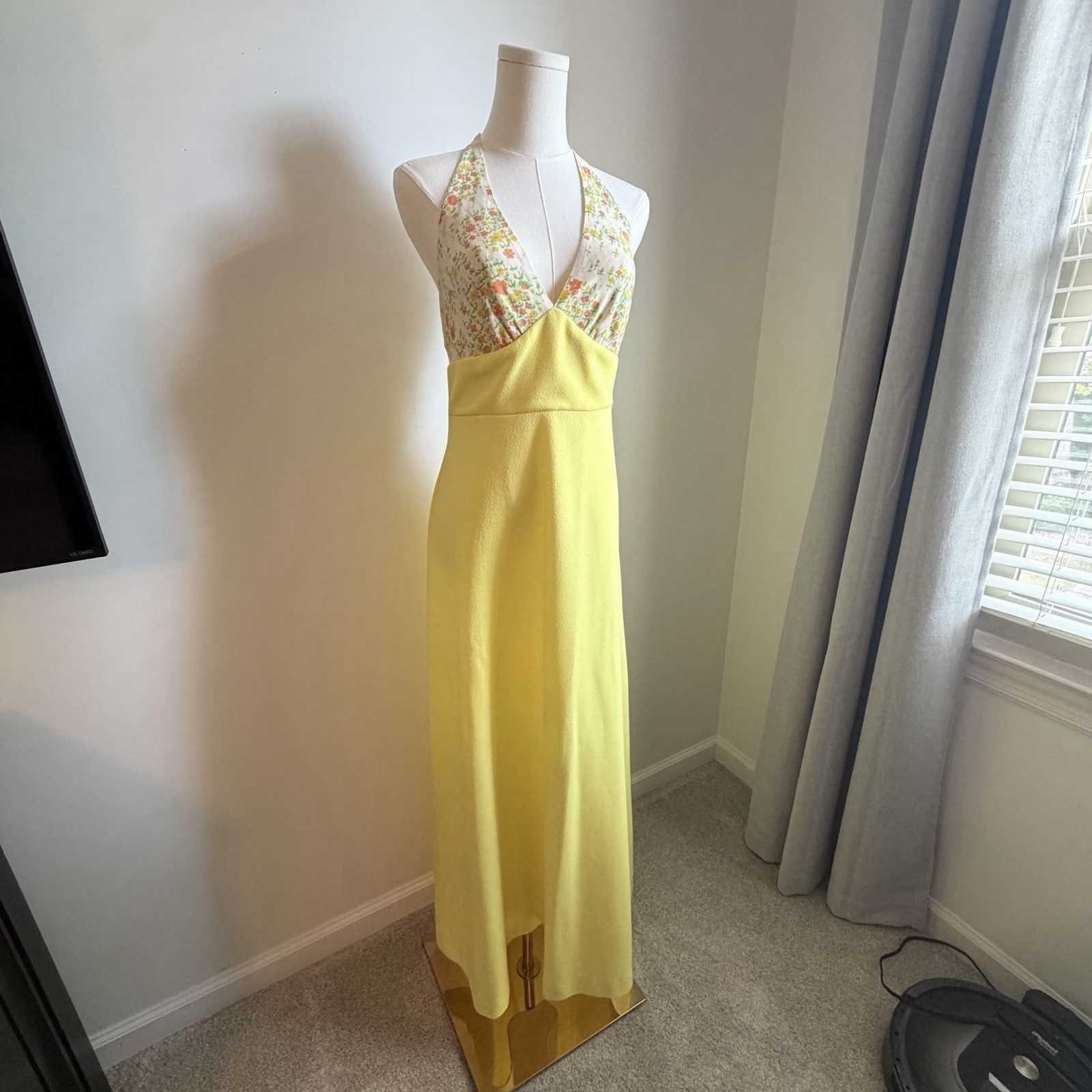 Vintage 1970s Halter Maxi Dress & Bolero Jacket Deep V Mod Floral Retro *Fits M