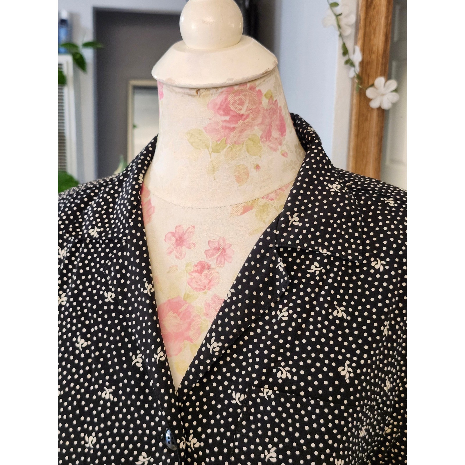 Vintage Liz Claiborne Blk Polka Dot Button Front Midi Dress Size 10 Cottagecore