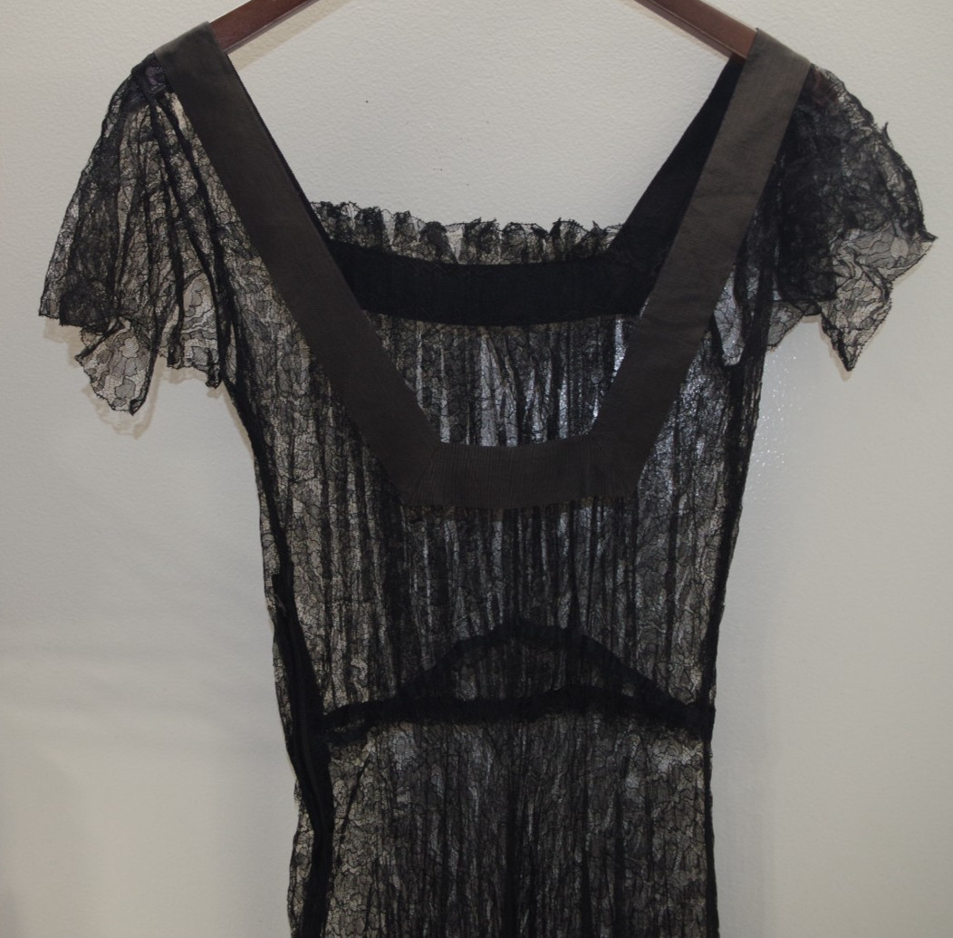 T3 ANTIQUE 1920’S SHEER BLACK French Lace Long DRESS Hand Sewn Grosgrain Ribbon