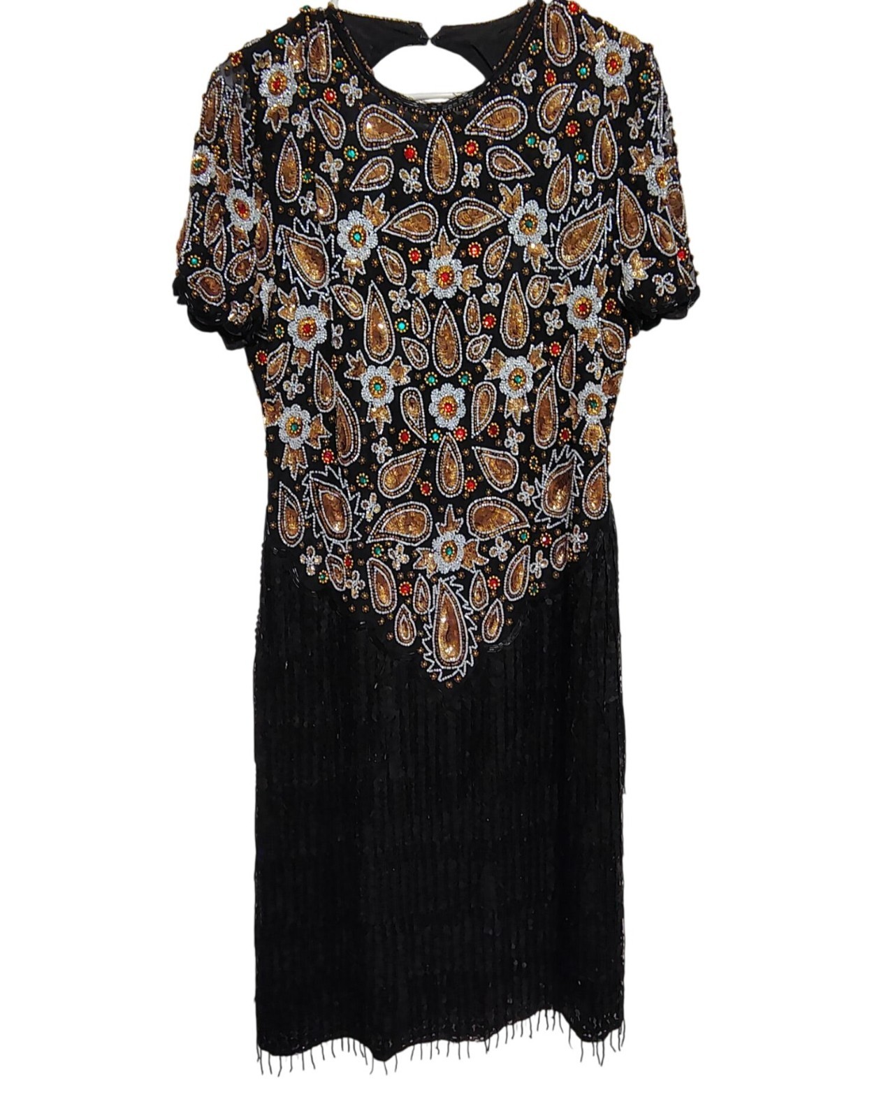 Vintage Swee Lo Heavily Beaded Dress Small Flower Cocktail Key Hole Cut Out Back
