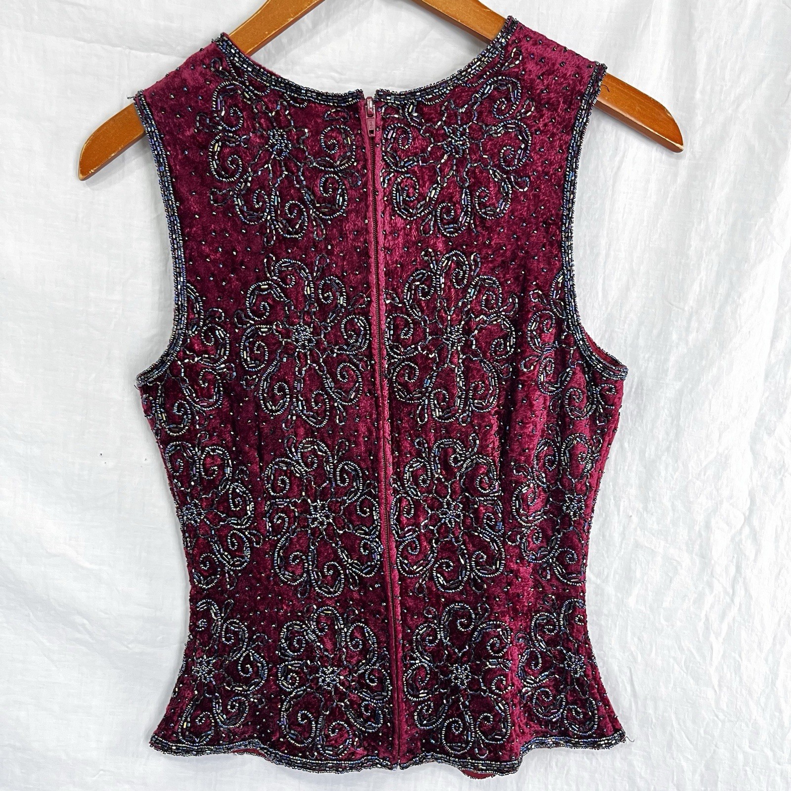 Vintage Paradise NY Beaded Velvet Floral Sleeveless Top Maroon Zip Size Small S