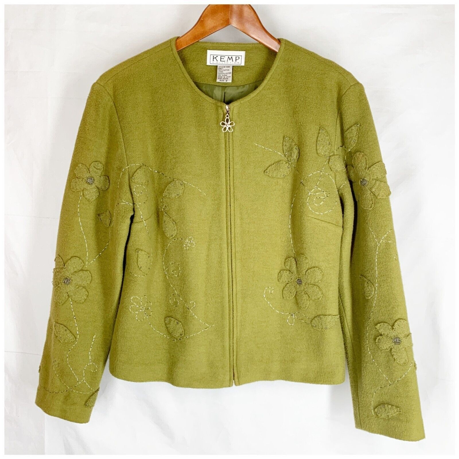 Vintage 70s Boho Jacket 6 Olive Green Cotton Applique Flowers Classy Hippie