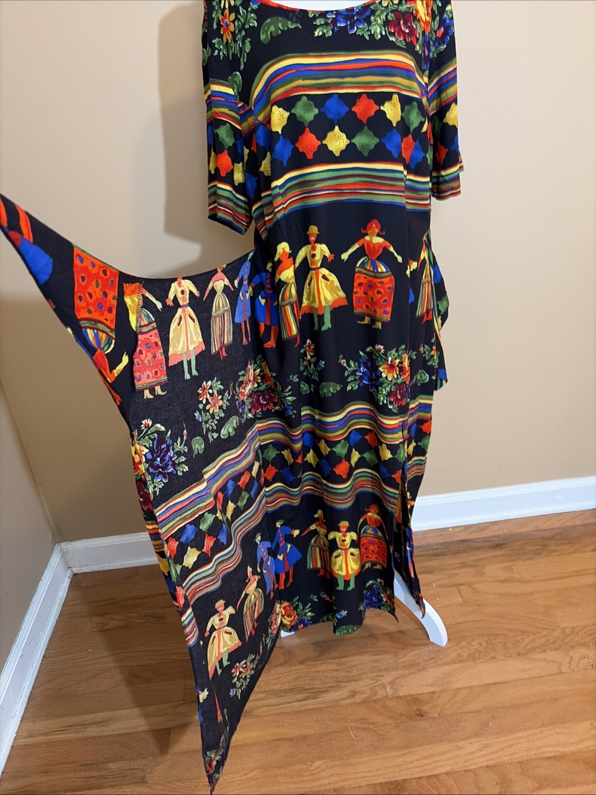 Vintage 80s 90s Ashley Stewart Size 18 Colorful Folk Art Sarong Wrap Dress