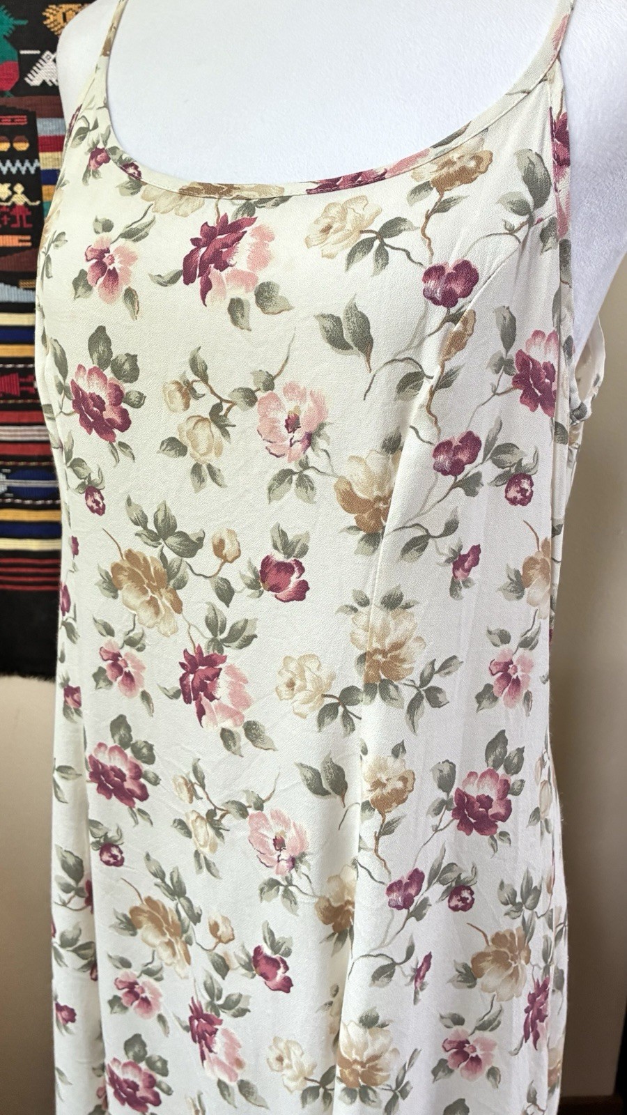 Vintage 90s Beige Floral Dress Size LG Maxi Slip Cottagecore Y2K