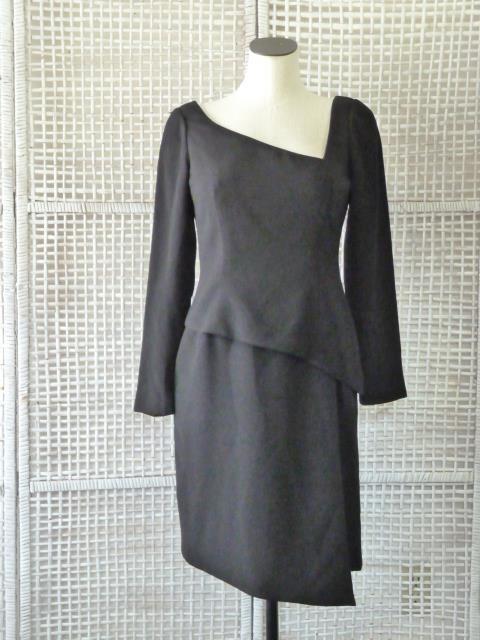 Vtg Designer WILLIAM TRAVILLA Black Mod Asymmetric 2-Layer Cocktail Dress~6=S