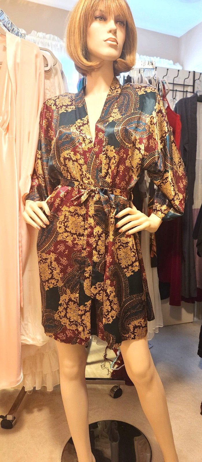 Vtg Sz L California Dynasty Shiny Green Wine Multi Paisley Satin Wrap Robe
