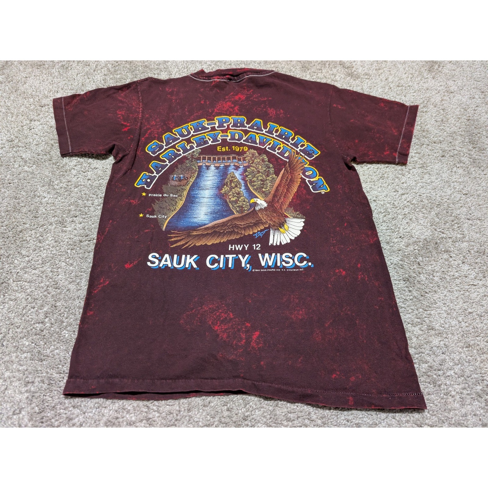 Harley Davidson T-Shirt Women M Maroon 1989 Sauk City Eagle Graphic Vintage 80s