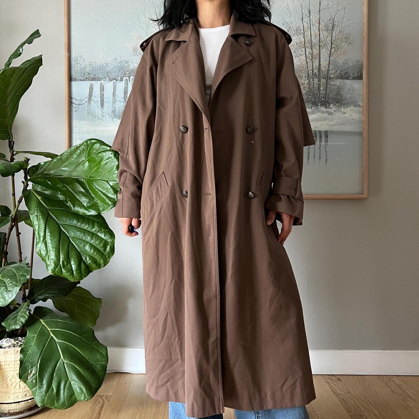 Vintage Brown Trench Coat Minimalist Long Coat Classic Oversized 90s Chic