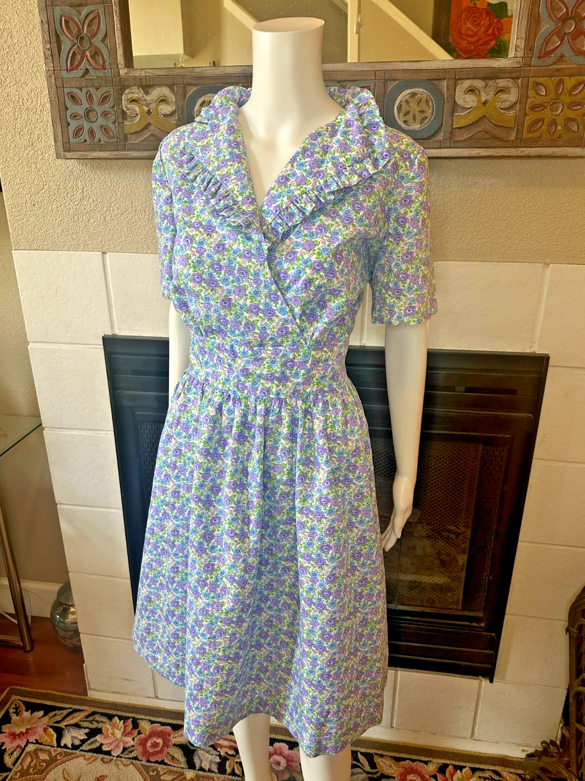 Vtg Lg 1950s Full Skirt Day Dress tea collared Handmade Floral a-line MCM Party