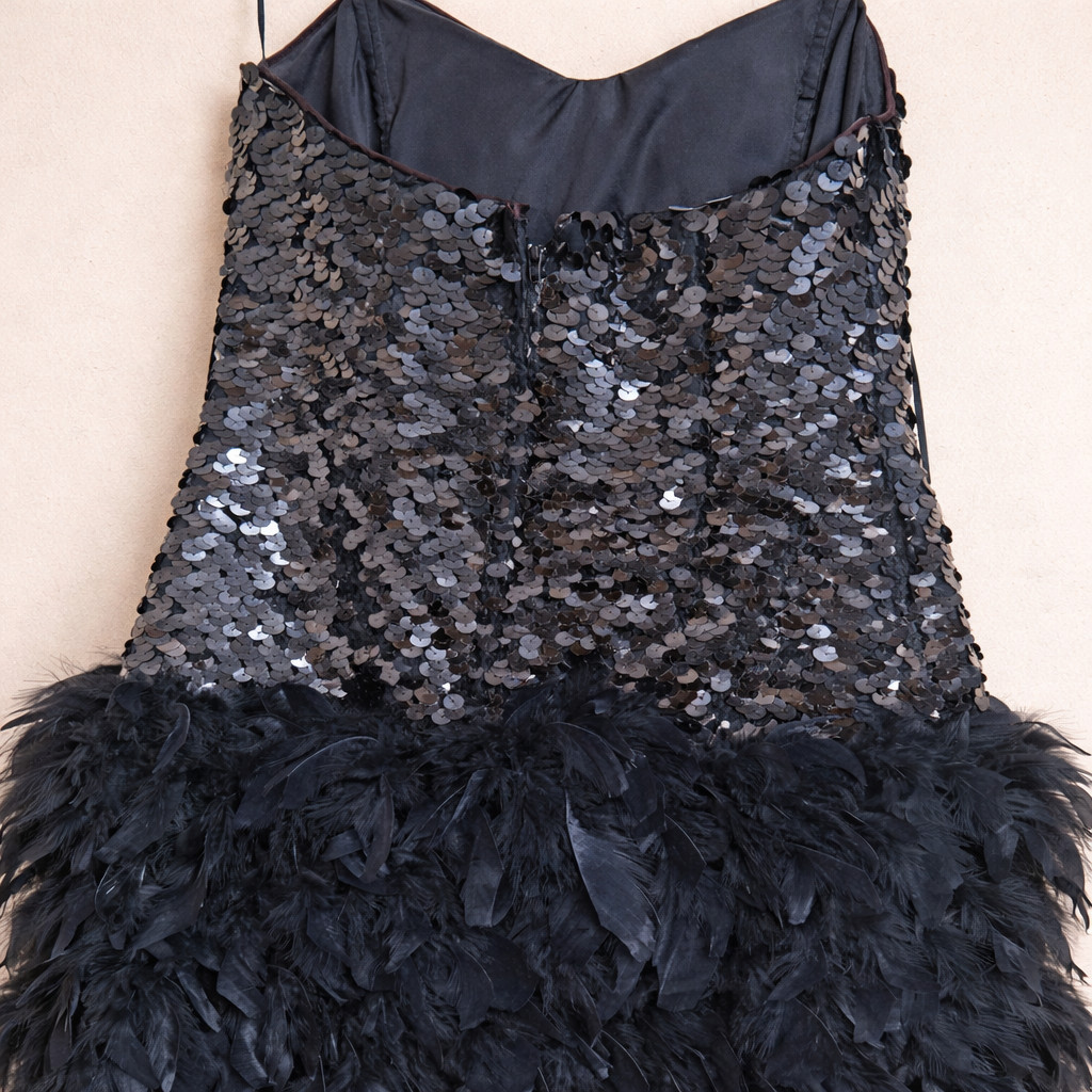 VTG 80s John Charles Strapless Sequin Feather Flapper Dress US 6 Gatsby