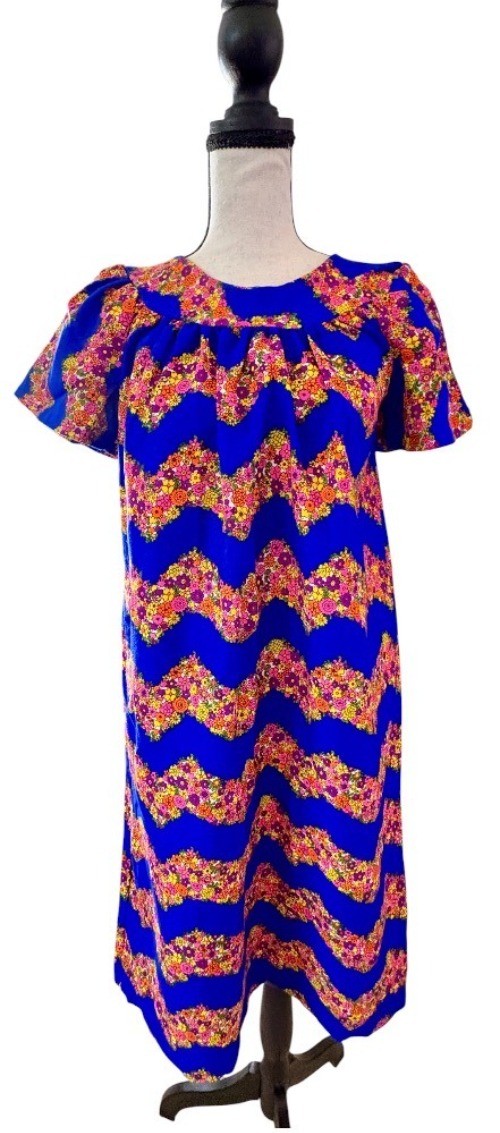 Vtg 60’s Hawaiian Barkcloth Muumuu Dress Blue Chevron Floral Midi Lounge M