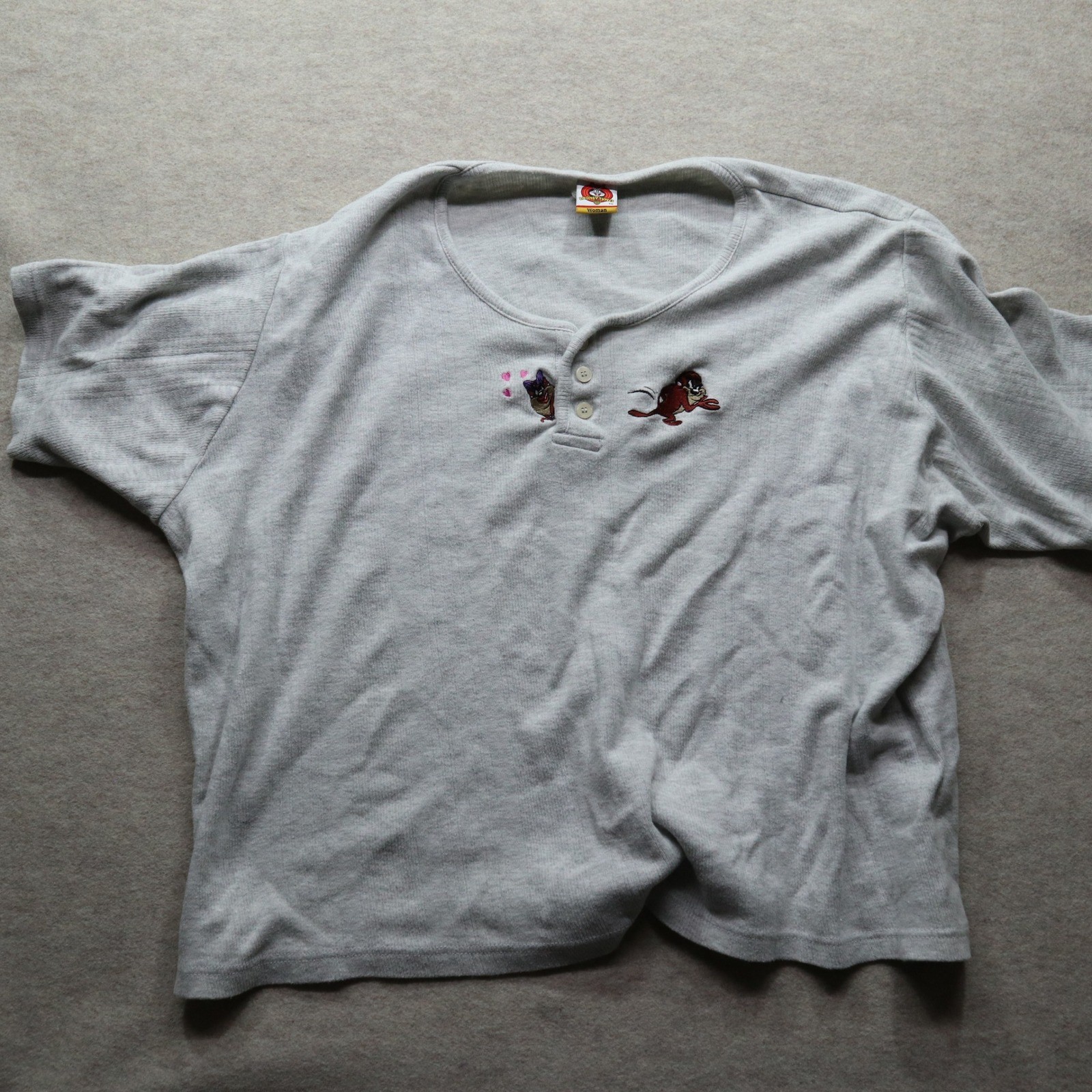 Looney Tunes Henley Shirt Womens XL 90s Vintage Taz Tasmanian Devil Grey Top