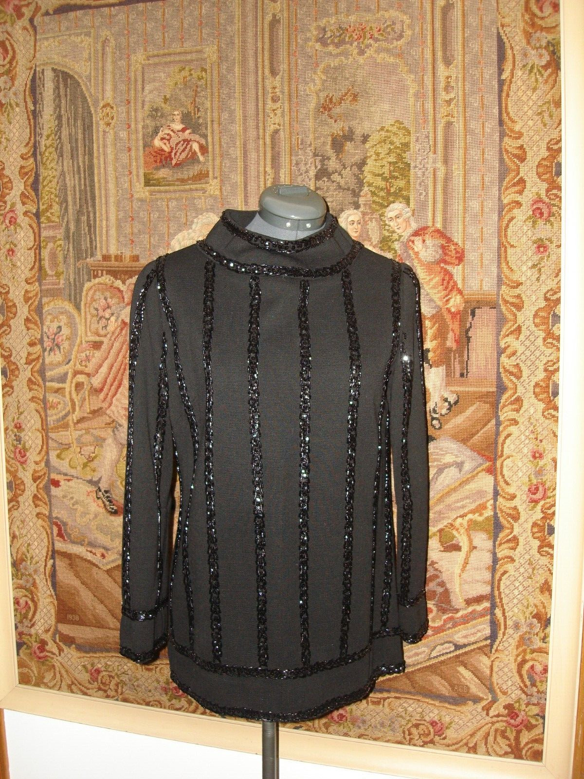 Vintage Unique 60s Palio Black Hand Beaded Sequin Virgin Wool Sweater Bluose M