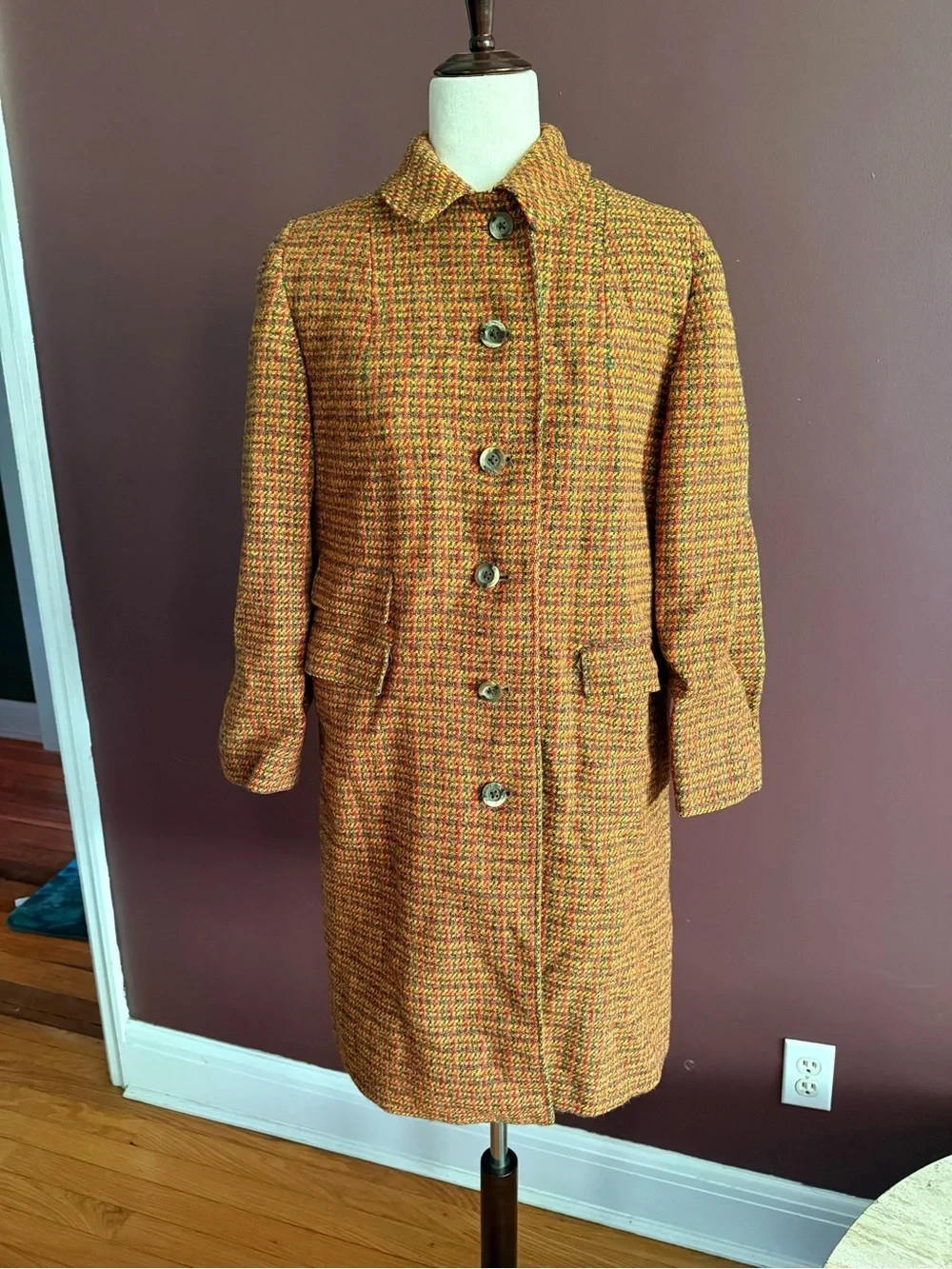 Vtg 1960’s Harris Tweed Handwoven 100% Virgin Scottish Wool Overcoat Sz S