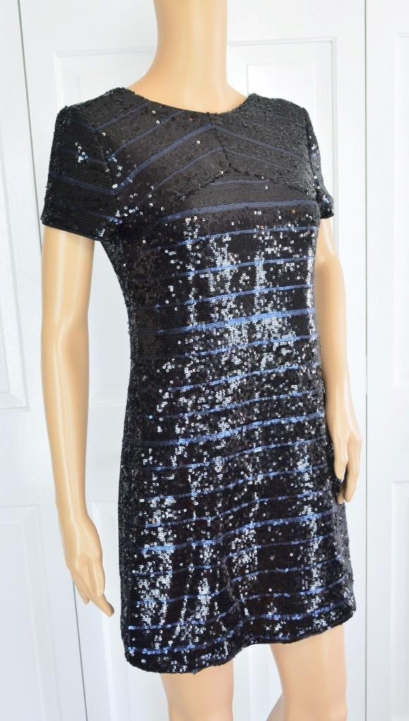 VTG 90s Mini Black Blue Sequin Scooped Back Gatsby Flapper Party Cocktail Dress