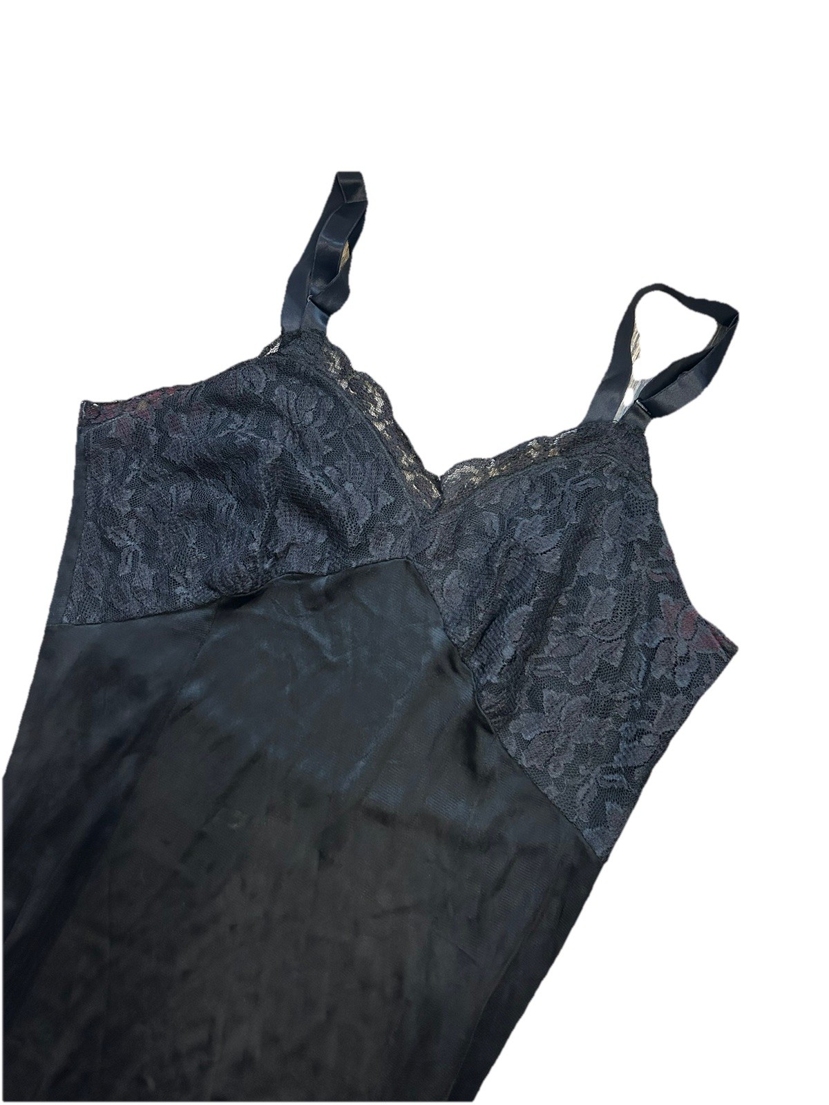 Vintage 60s DIXIE BELLE Black Acetate Tricot Full Slip Dress Floral LACE 34 S/M