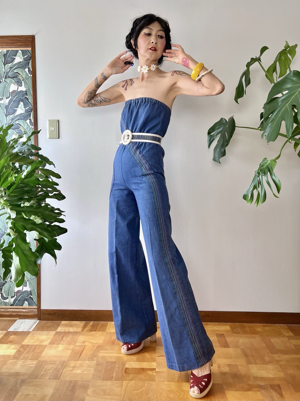 1970s Happy Legs Rainbow Chain Stitch Strapless Denim Jumpsuit Wide Leg XS/S