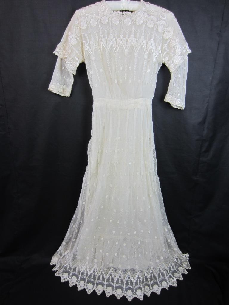 *1910 Edwardian Antique Dress Silk Blonde Embroidery Net Wedding, Formal, Tea