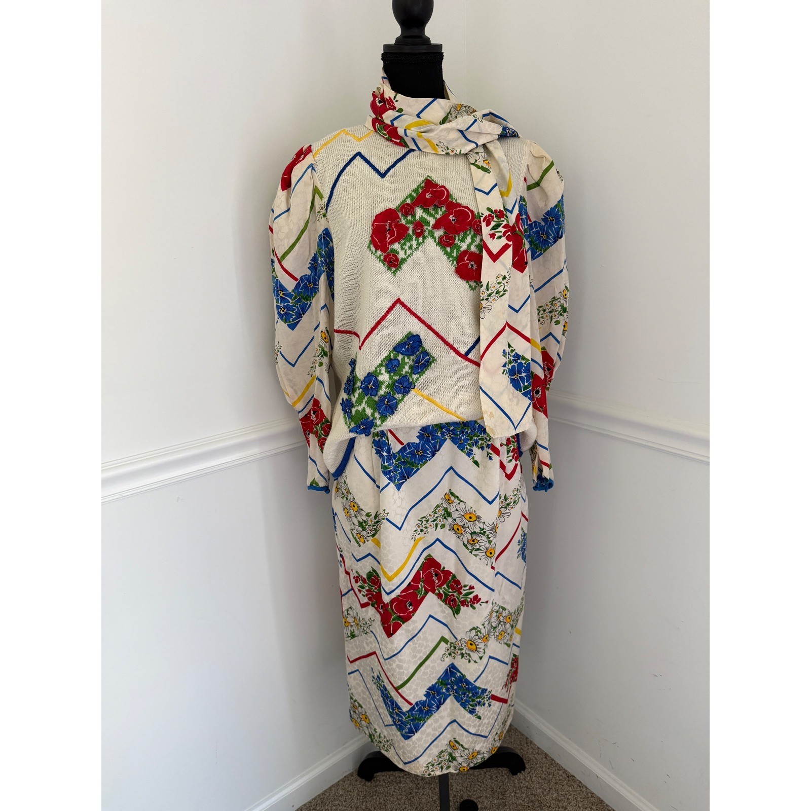 Vintage 3pc Silk Skirt Sweater Scarf Set Floral Whimsical 80s Grandmacore