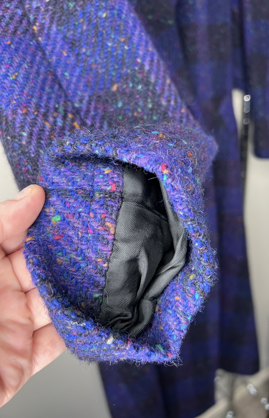Vintage Jimmy Hourihan Sz 8 Purple Plaid Long Coat Wool Speckle Tweed Ireland