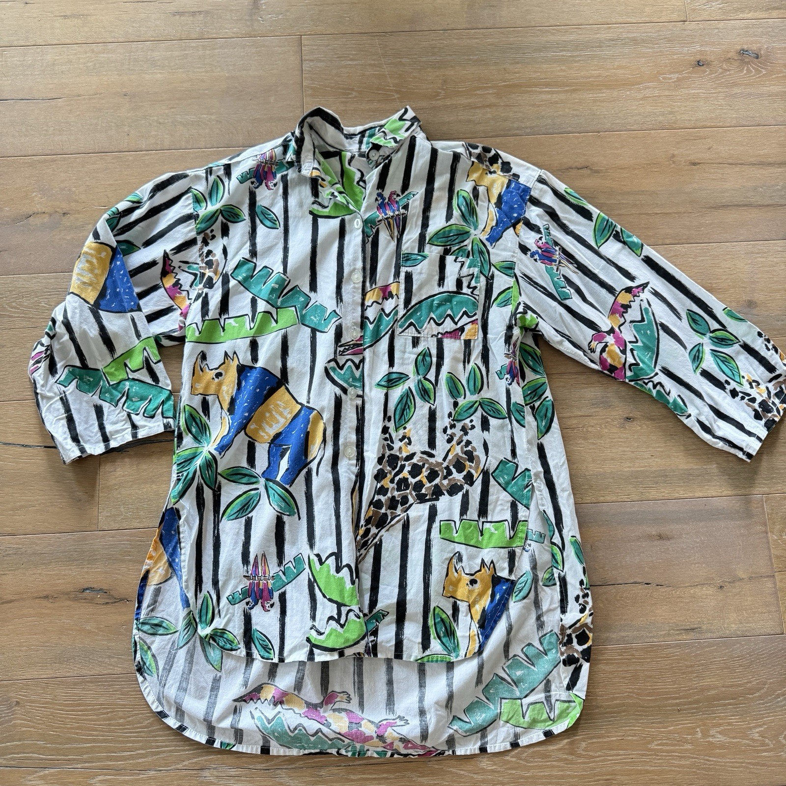 Vintage 80s Button Shirt Abstract Bright Colorful Art Tropical Animal Sz L Beach