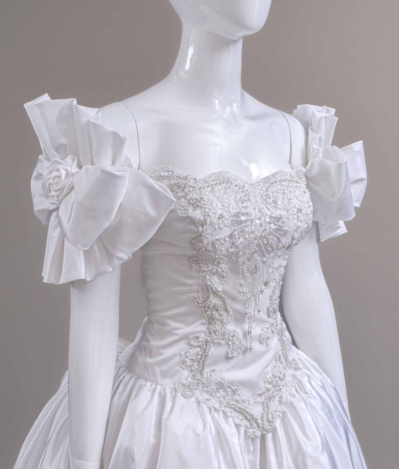 1990s Off-The-Shoulder Beaded Taffeta Satin Wedding Dress, W/Cathedral Train 2/4