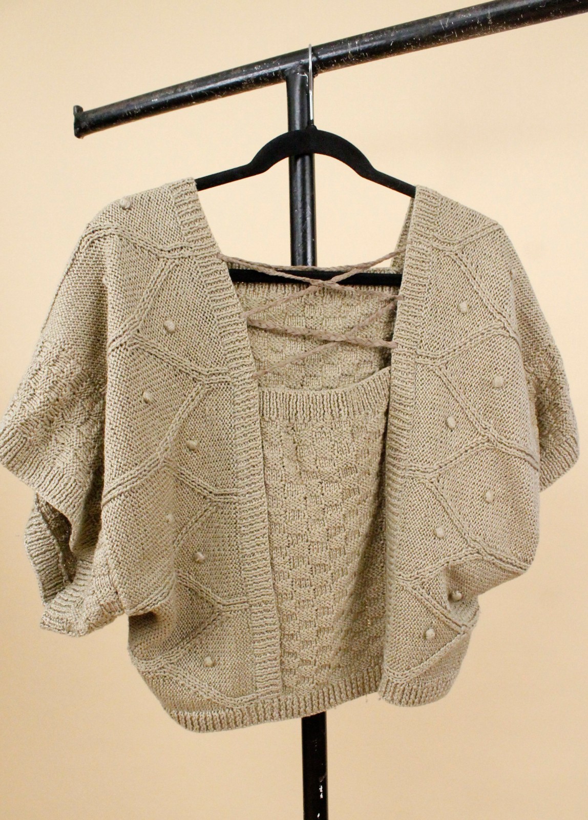80s Vtg Jeanne Marc Olive Green Knit Cotton & Woven Leather Crop Sweater tag S-L