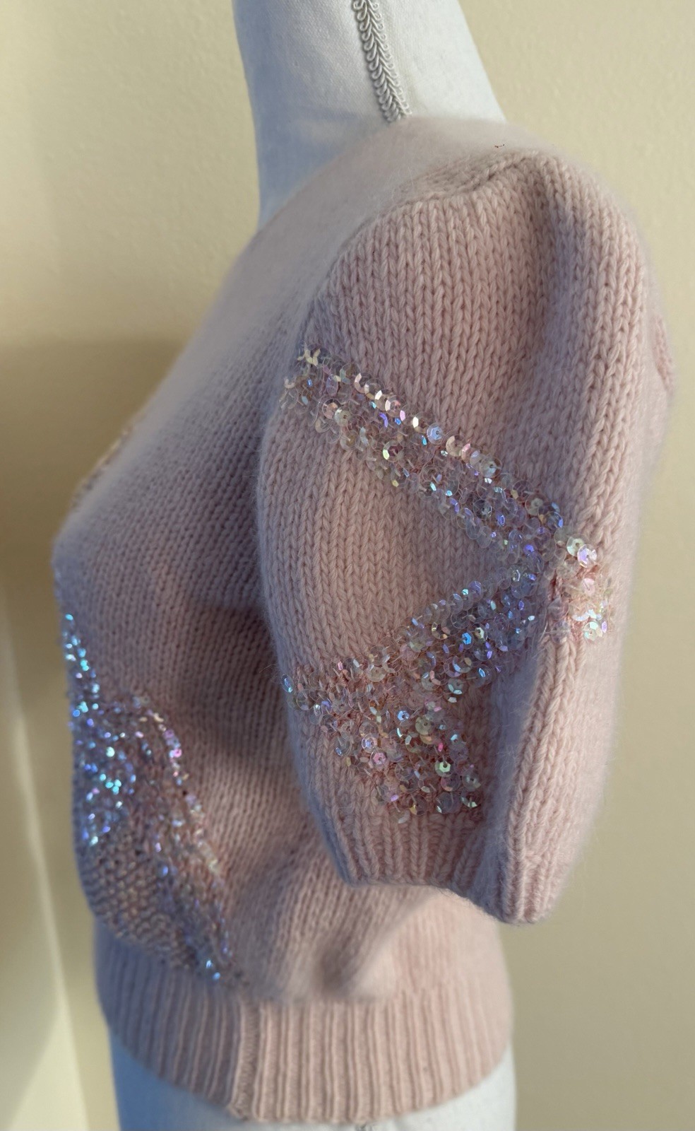 Vintage Ann Katrine S Pink Sequined Short Sleeve Sweater Lambswool, Angora, Wool