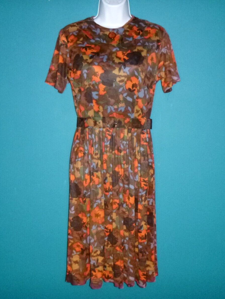 Vtg 60s Nylon Stretch Fabric Dress Multi Color Brown Orange Floral Sz S/M