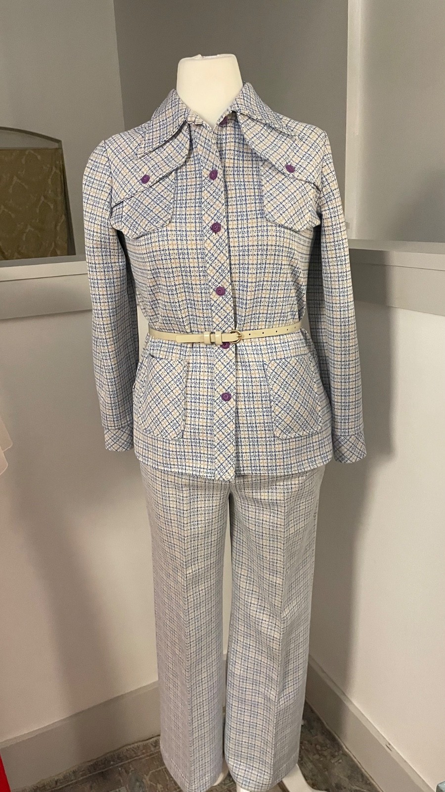 Vintage 1970s 2-Piece Leisure Suit Women’s Knit Plaid Large 10-12