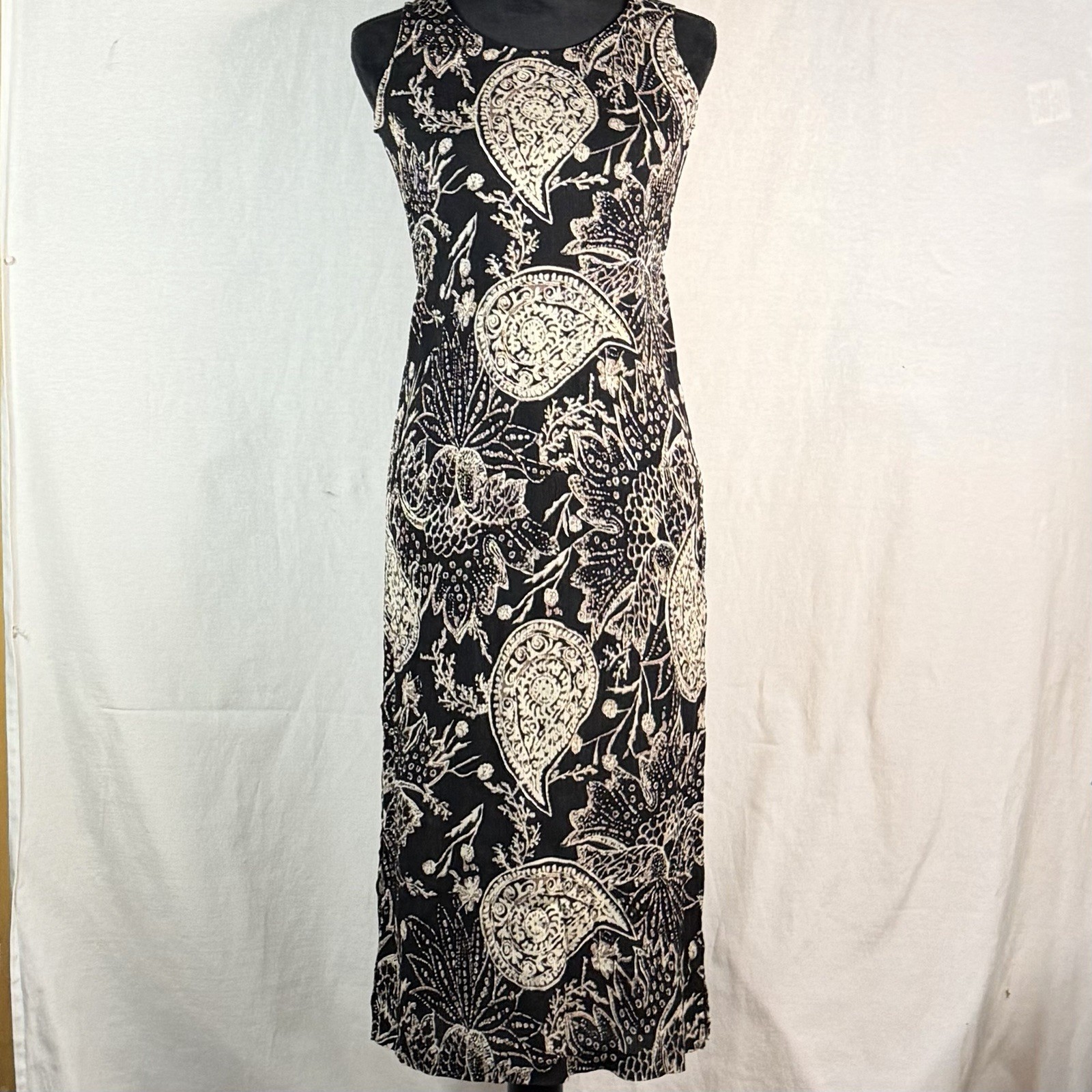 Vintage Boho T & Co 100% Rayon Black Ivory Paisley Sleeveless Midi Dress Sz 4P