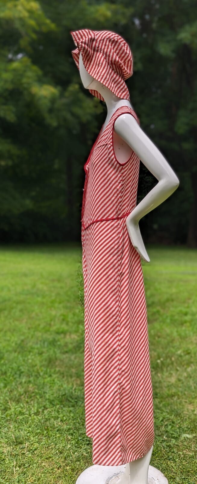 NAUTICAL THEME VINTAGE 1930’S CANDY CANE STRIPED BEACH PAJAMAS ROMPER W HAT