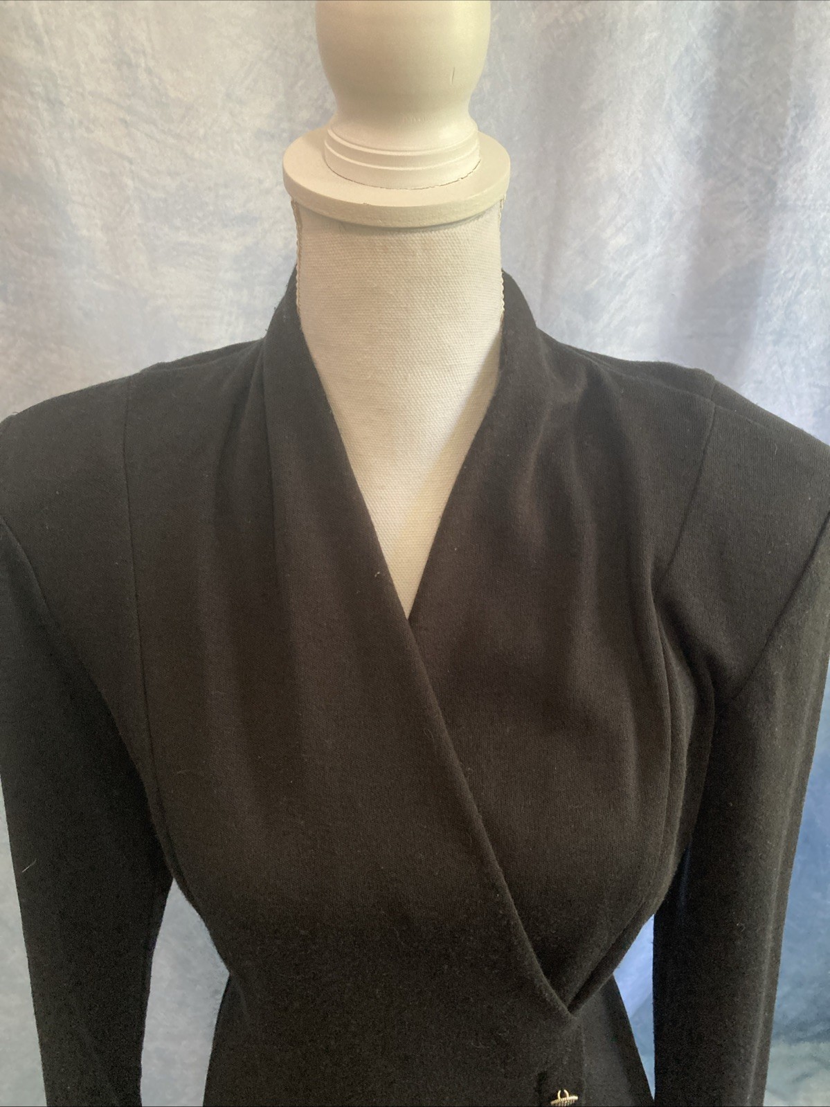 Vtg 80s All That Jazz Black Knit Dress Shoulder Pads Gold Button XS USA 5/6 LBD